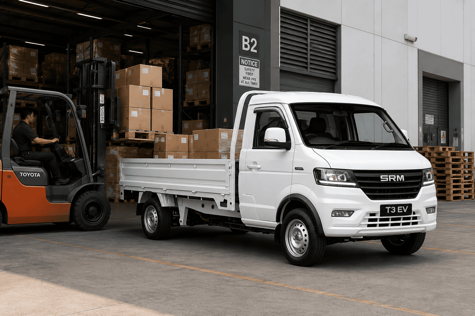 SRM T3 EV electric mini truck at loading dock